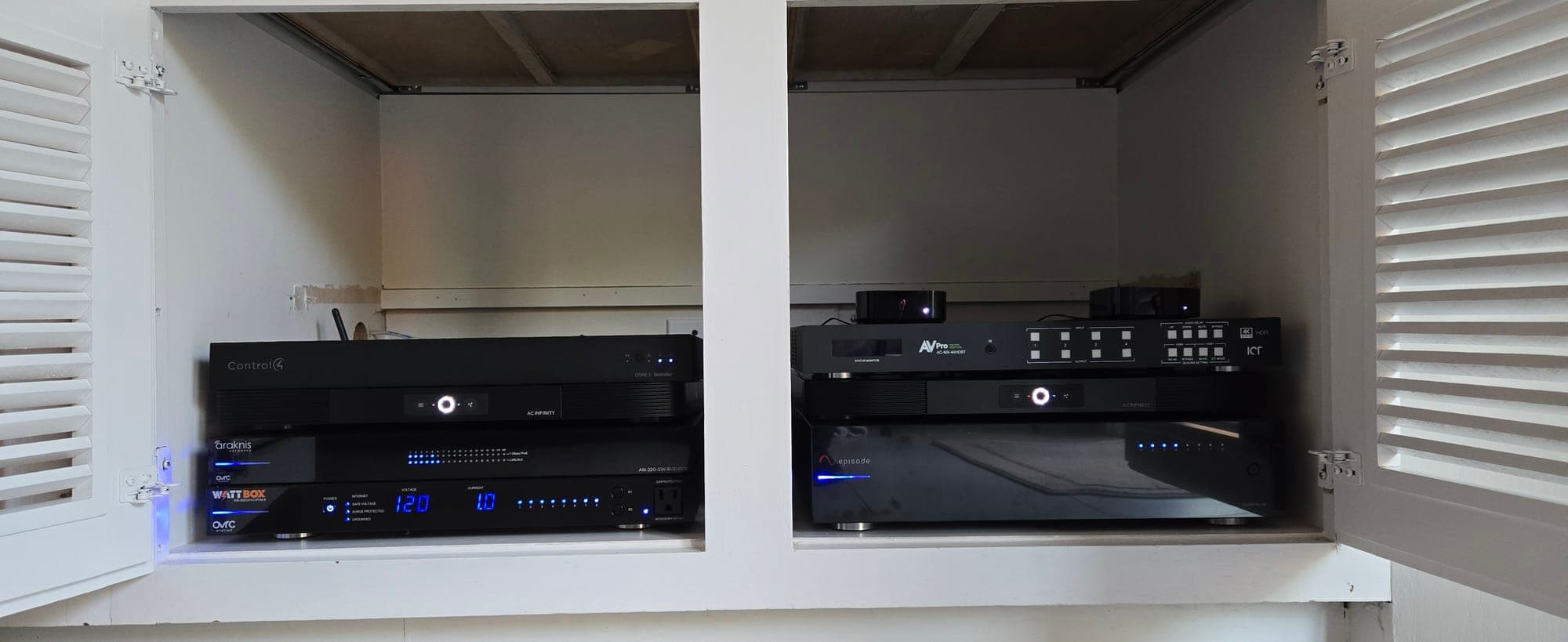 Built-in cabinet of Control4 automation and networking equipment