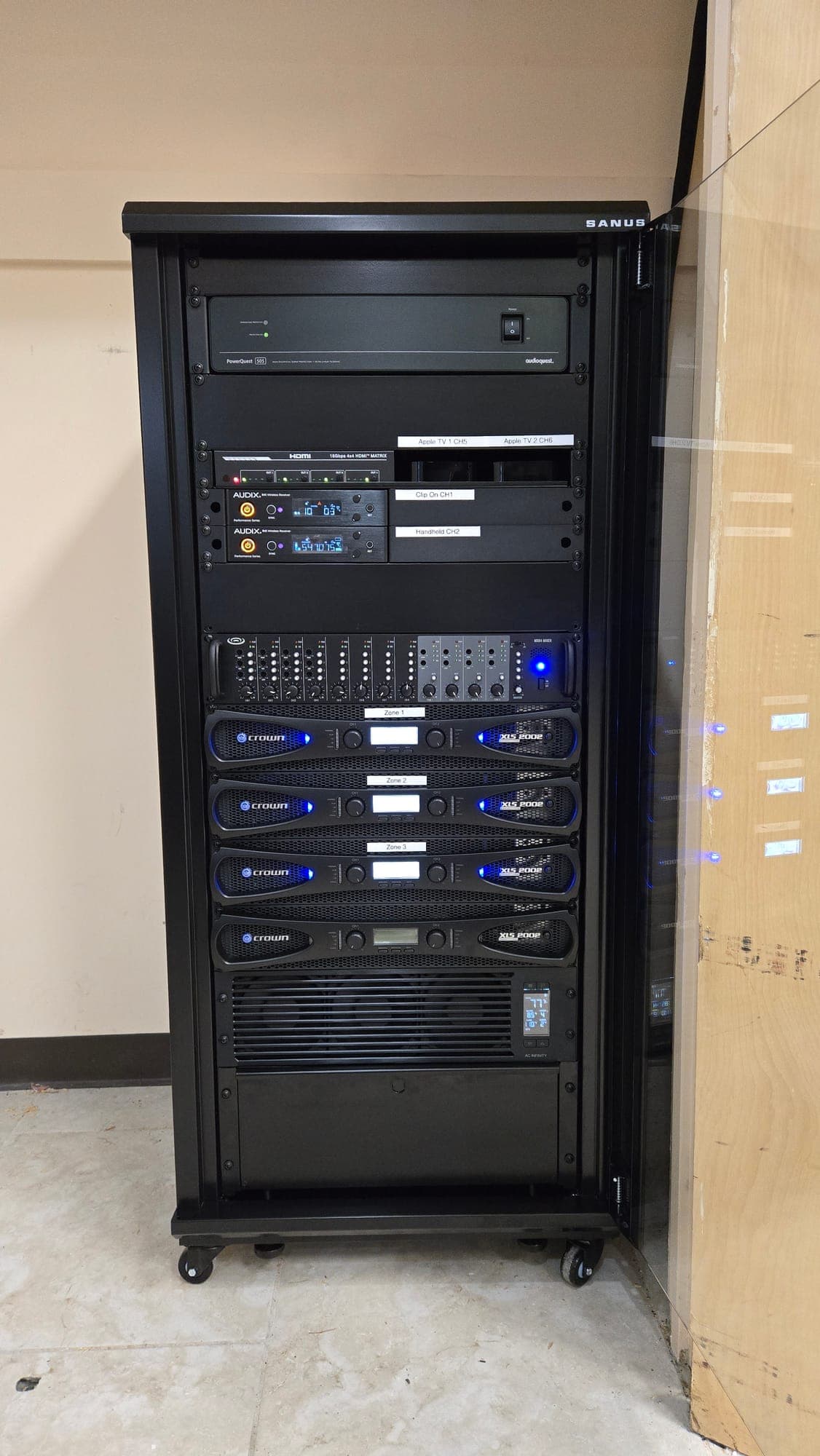 Audio rack with multi-zone Crown amplifiers and matrix switching