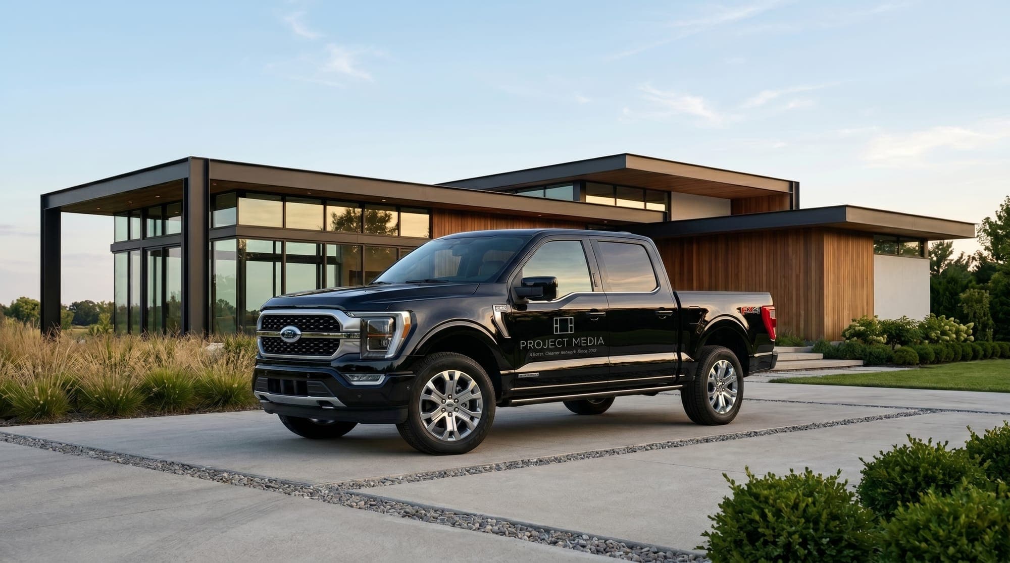 Project Media branded pickup truck parked in front of a modern home